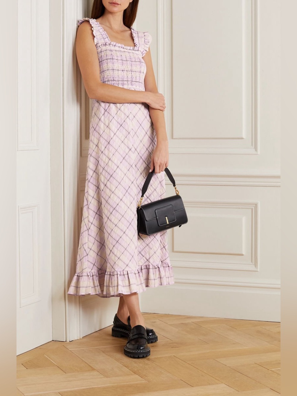 GANNI Seersucker Checkered Midi Dress
